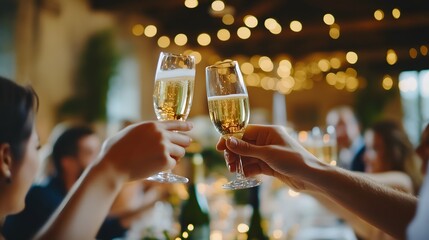 Wedding guests raising champagne glasses during a toast at the reception in a beautifully decorated venue