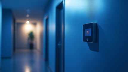 A digital thermostat controlling a heating system, placed against a sleek, tech-inspired background, leaving room for text