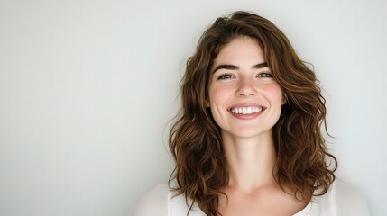 Naklejka premium Bright Smiling Woman with Wavy Hair Against Neutral Background