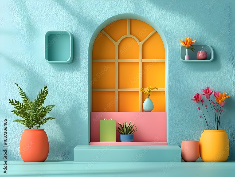 Poster vibrant 3d interior studio scene with colorful abstract backdrop clean empty floor and wall product 