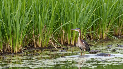Tranquil wetland scene with reeds cattails frogs and herons