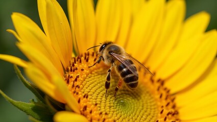 Vibrant bee pollinating yellow sunflower in sunlight