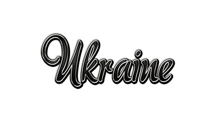 black metal 3d design of Country name Ukraine on white background.