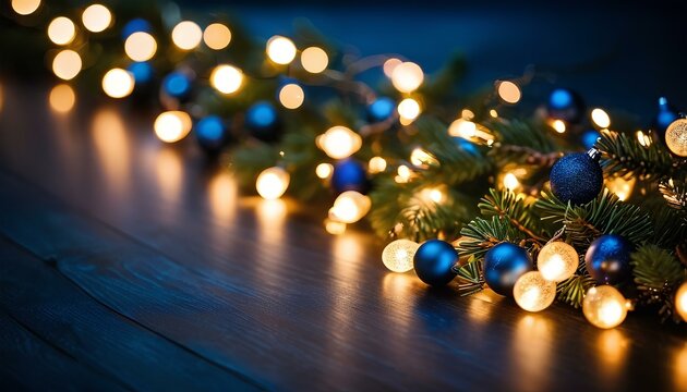christmas garland bokeh lights over dark blue background