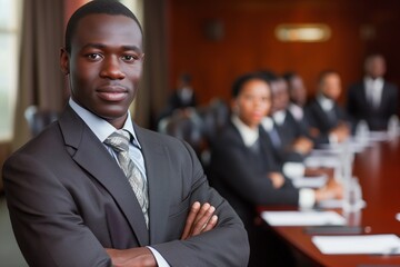 Fototapeta premium African American businessman in a dark suit standing confidently with arms crossed during a corporate boardroom meeting. Colleagues in the background, showcasing leadership, focus, and professionalism