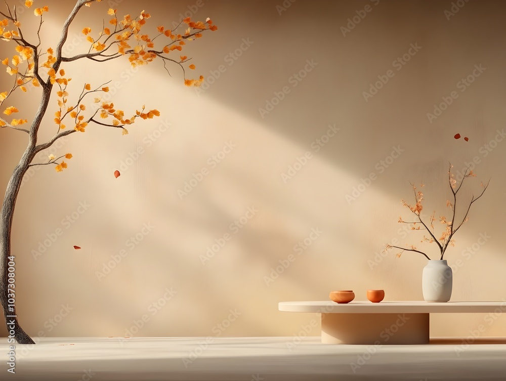 Poster sleek and modern 3d studio interior scene featuring an empty space with a nature themed backdrop a p