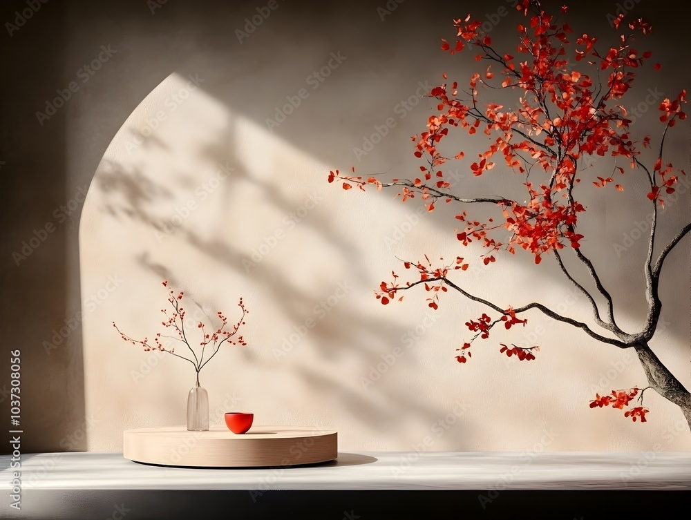 Poster minimalist 3d studio interior featuring an empty space with a nature themed backdrop a product displ