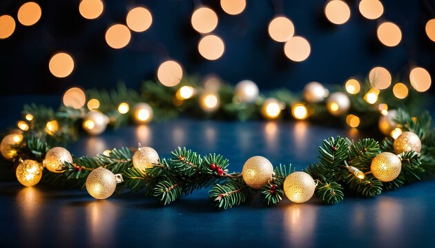christmas garland bokeh lights over dark blue background