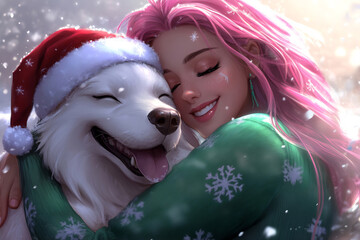A girl with pink hair joyfully hugs a white dog wearing a Santa hat in a snowy winter setting