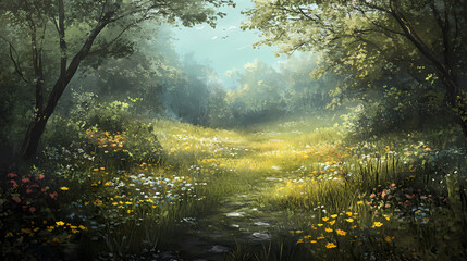 A stroll through the meadow offers a chance to escape the chaos of life and embrace serenity. Whispering Meadow. Illustration