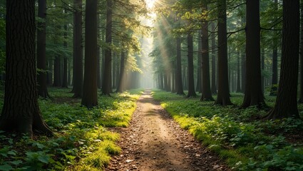 Obraz premium Tranquil forest trail with tall trees and sunlight filtering through