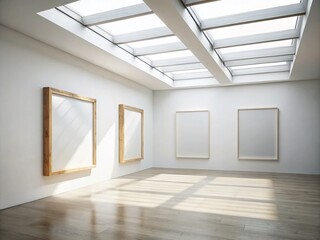 Fototapeta premium Minimalist Gallery Space with Skylights and Wooden Mockup Frames