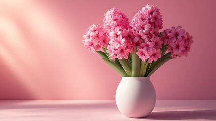 Naklejka premium A vibrant bouquet of pink hyacinth flowers arranged in a minimalist white vase, set against a soft pink background. The image exudes serenity with gentle light casting natural shadows