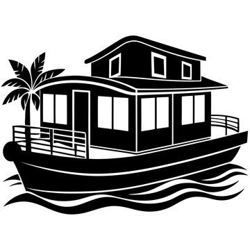 black houseboat on water with palm tree clip art preview