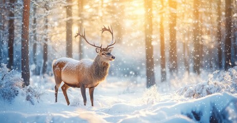 Obraz premium Noble Male Deer in a Winter Snow Forest. AI generated illustration.