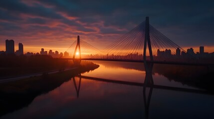 A cable-stayed bridge over a river at sunset.