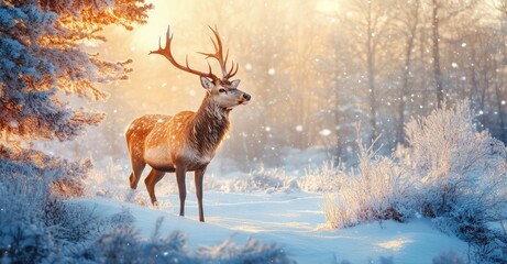 Noble Male Deer in a Winter Snow Forest. AI generated illustration.