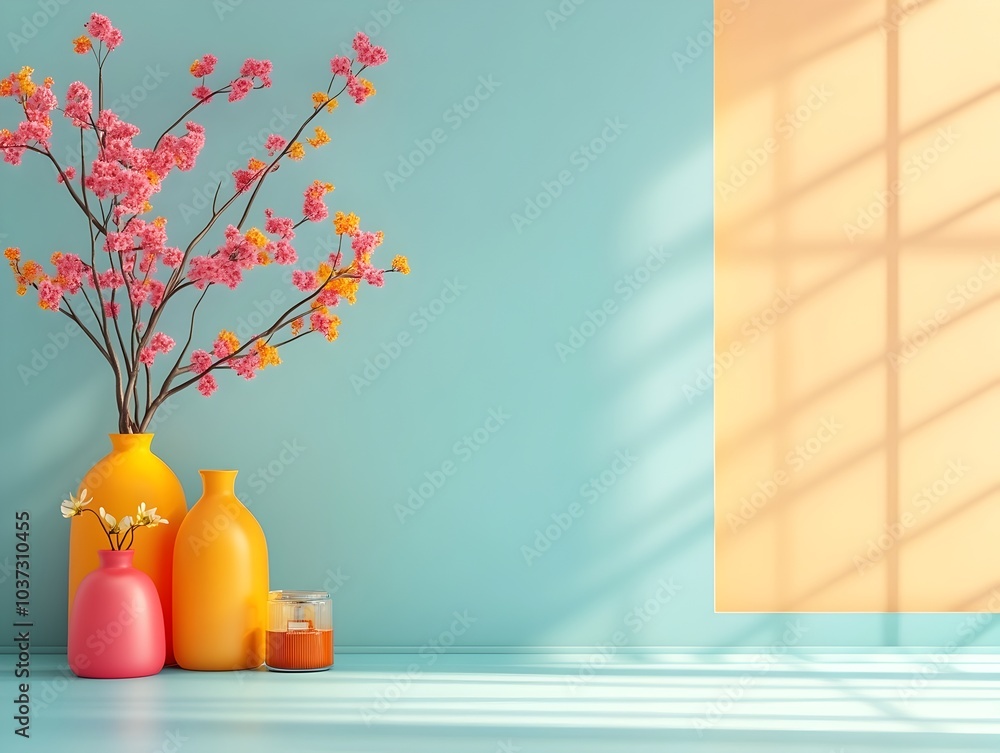Poster sophisticated 3d product display in a vibrant uncluttered studio scene with streamlined floor and wa