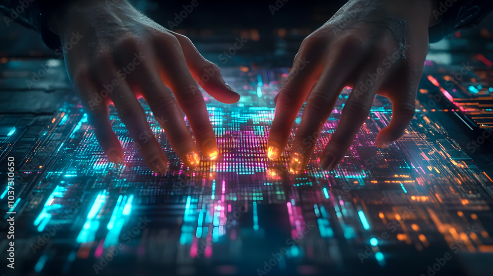 Poster futuristic hands interacting with digital data interface
