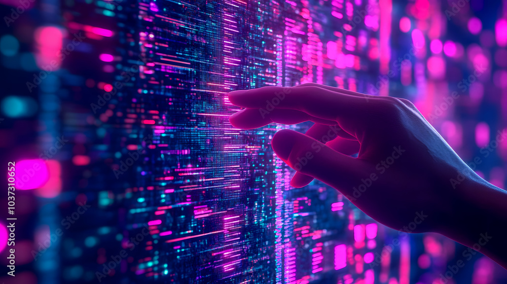 Poster glowing digital interaction with abstract data visualization