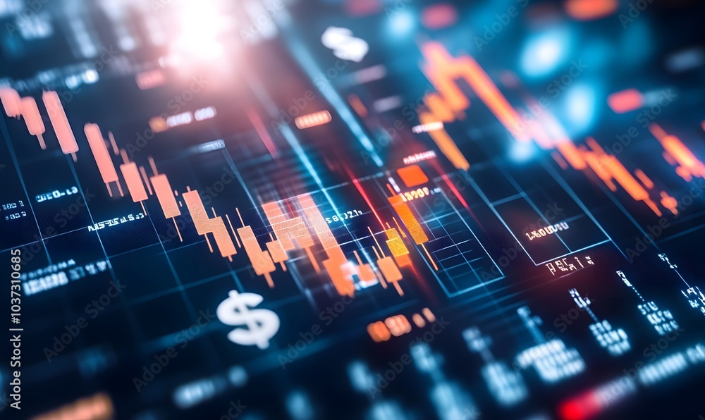 Poster A digital financial chart displaying stock market trends and analytics, featuring candlestick patterns and currency symbols.