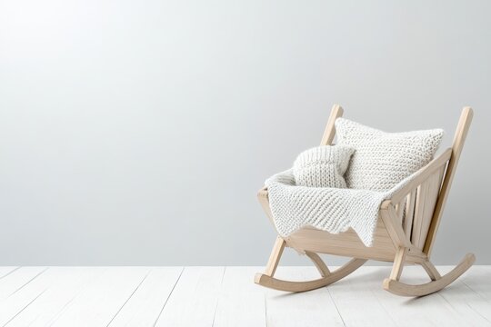 A professional digital composite background featuring a wooden cradle with a knitted blanket in soft pastel tones, ideal for newborn photography and text overlays