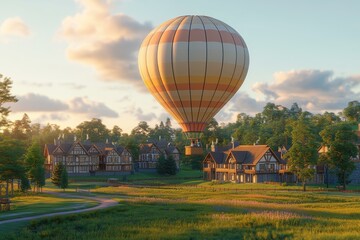 Obraz premium Scenic Village with Floating Hot Air Balloon