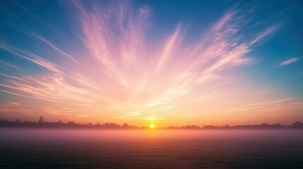 Fototapeta premium A serene sunrise with wispy clouds streaking across the colorful sky above a calm field