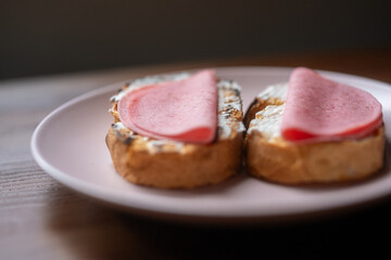 cultural spanish snack meat, cheese and tomato tapas sandwiches	