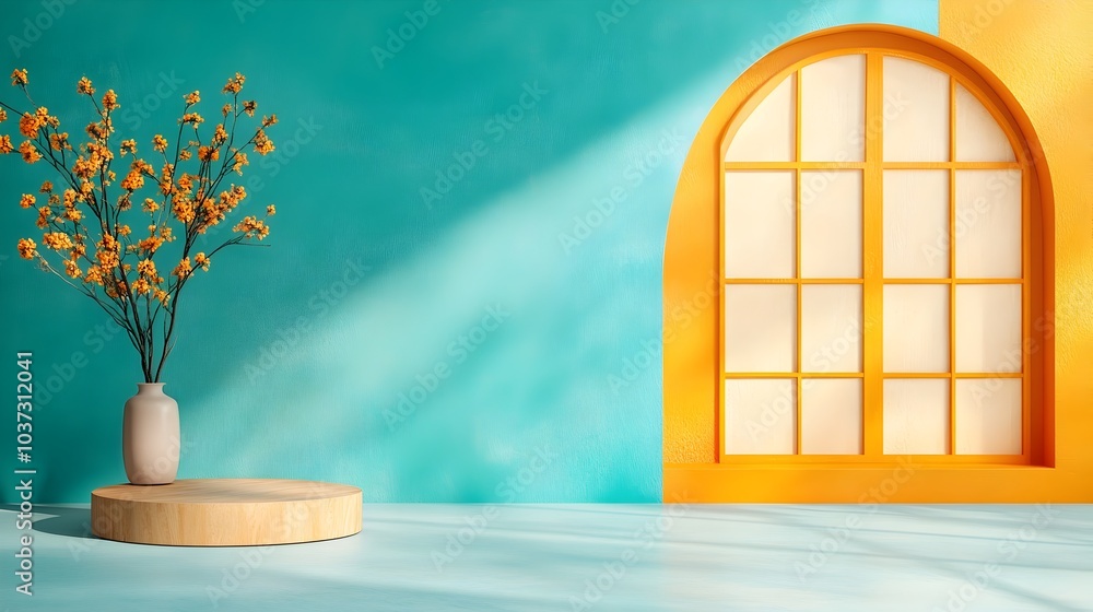 Poster elegant 3d studio room with warm pastel background empty floor and wall featuring a product display 