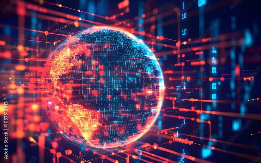 Poster A vibrant digital representation of Earth, surrounded by flowing data patterns and glowing elements, symbolizing technology and connectivity.