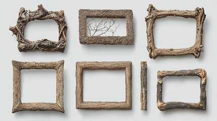 A set of rustic twig frames featuring rough, organic textures, displayed against a neutral background.