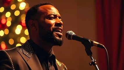 An African-American male singer sings into a microphone