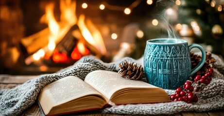 Cup and Book Near the Fireplace: A Winter Concept. AI generated illustration.