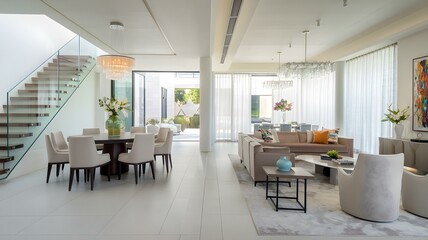 Fototapeta premium Luxurious Open-Concept Living Room and Dining Area Featuring Elegant Furniture, Crystal Chandeliers, and Abundant Natural Light for Modern Living