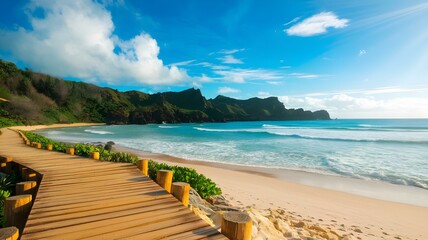 Naklejka premium Idyllic Tropical Beach with Wooden Walkway Leading to Crystal Clear Waters and Lush Greenery, Perfect for a Serene Escape and Beachside Relaxation