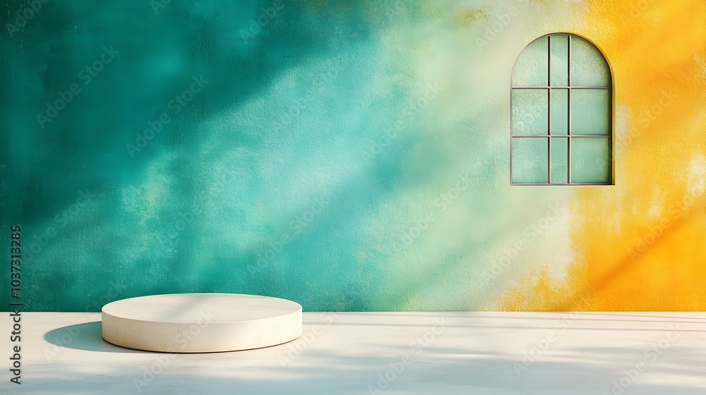 Poster minimalist 3d studio room with bold textured backdrop empty floor and walls product podium shadow ov
