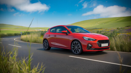 Fototapeta premium Dynamic Red Hatchback Car on a Scenic Country Road, Surrounded by Lush Green Hills and Vibrant Wildflowers, Perfect for Adventure and Exploration