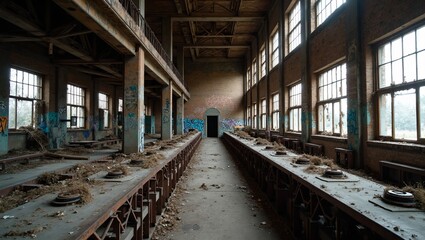 Derelict factory with rusted machinery broken windows graffiti on brick walls
