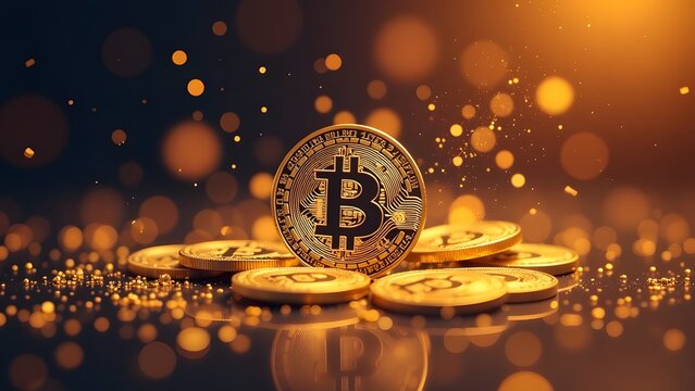 Golden bitcoin on table. Cryptocurrency concept. 3D Rendering