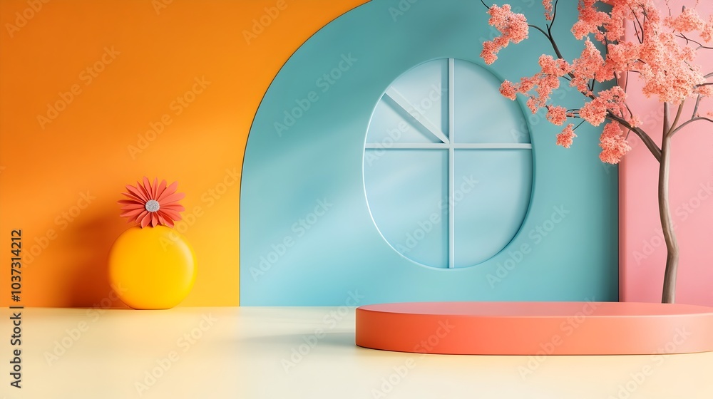 Poster elegant 3d studio room with a bold graphic background empty floor and wall featuring a product podiu