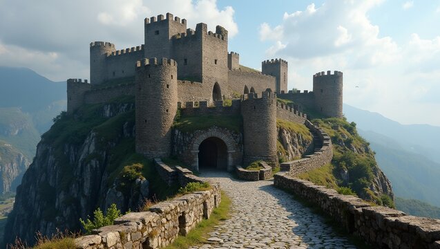 Majestic castle on rocky hill with turrets and winding path