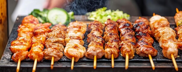Japanese street vendor with yakitori grill, smoky skewers, lively night crowd, Japanese flavors, street grill culture