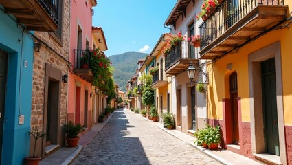 Fototapeta premium Quaint Mediterranean village with pastel buildings and flower adorned balconies