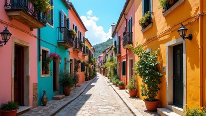 Fototapeta premium Quaint Mediterranean village with pastel buildings and flower adorned balconies