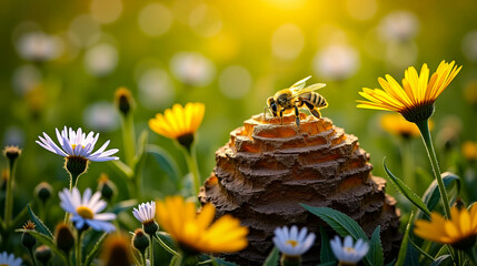 A honeybee is busy gathering nectar from bright flowers in a colorful garden, surrounded by various blooms on a warm, sunny day