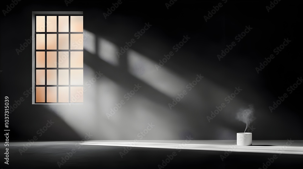 Poster minimalist 3d studio room with empty floor wall and product podium shadow overlay from window create