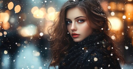 Pretty Woman Posing in Winter Town. AI generated illustration.