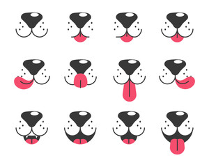 Dog face emotions, dog face with tongue hanging out. Dog mouth emotions, dog face with lick tongue and a funny nose.