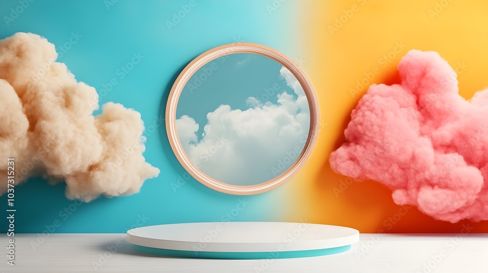 Poster minimalist 3d studio room featuring an ethereal cloud background empty white floor and walls and a c